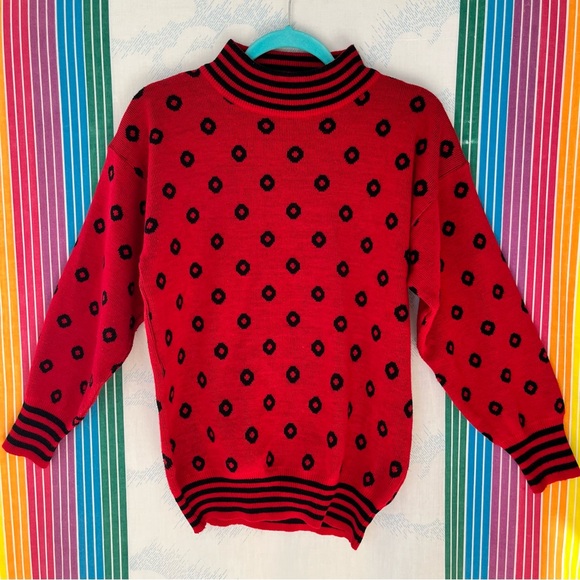 Vintage 90s Red Black Polka Dot Acrylic Sweater small clown funky bold - Picture 2 of 9